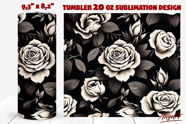 Floral tumbler wrap, black and white, retro roses pattern Sublimation Angelina Semenova 