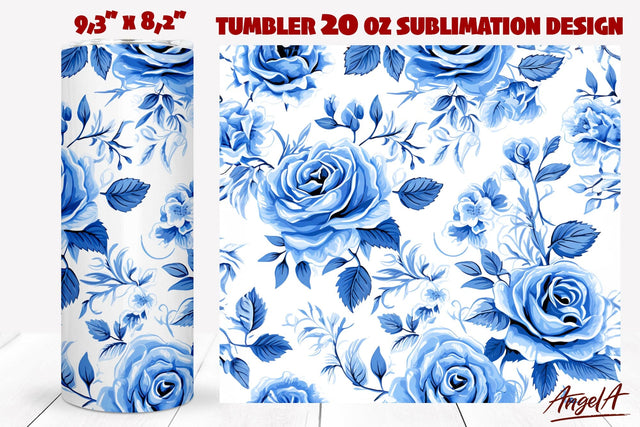 Floral tumbler wrap, blue roses, retro blue floral tumbler Sublimation Angelina Semenova 