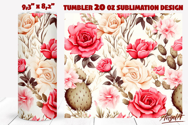 Floral tumbler wrap / cactus flowers, pink flowers tumbler Sublimation Angelina Semenova 