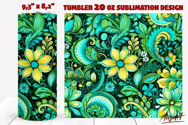 Floral tumbler wrap / green paisley pattern / flower tumbler Sublimation Angelina Semenova 