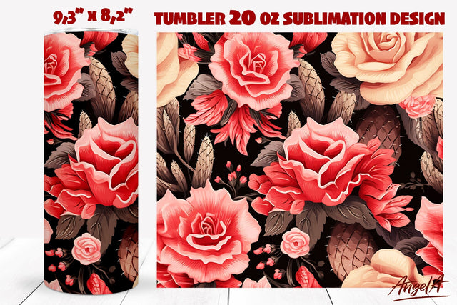 Floral tumbler wrap / pink cactus flowers, roses tumbler Sublimation Angelina Semenova 
