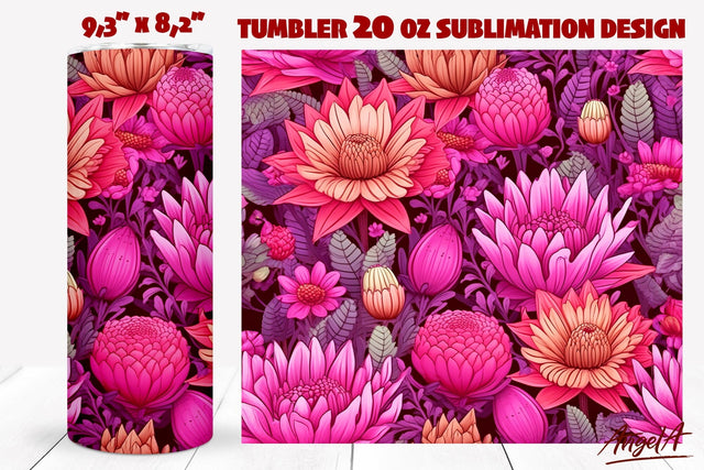 Floral tumbler wrap / pink flowers tumbler, cactus flowers Sublimation Angelina Semenova 