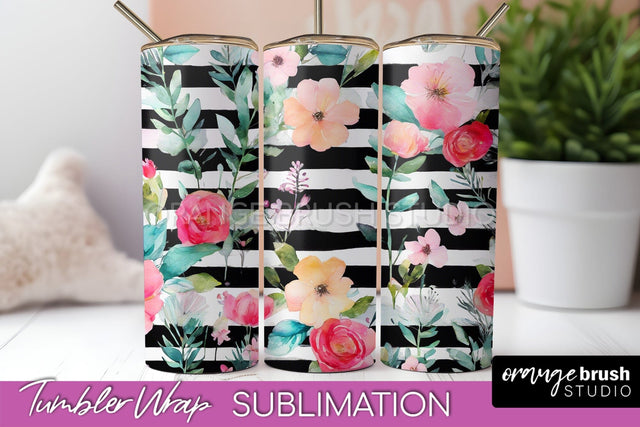 Floral Tumbler Wrap - Pink Flowers Watercolor Tumbler PNG Sublimation OrangeBrushStudio 