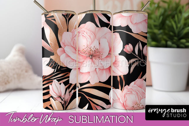 Floral Tumbler Wrap - Pink Flowers Watercolor Tumbler PNG Sublimation OrangeBrushStudio 