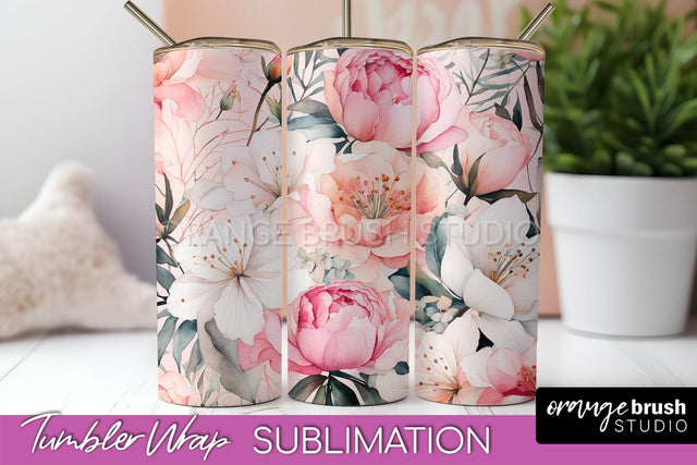 Floral Tumbler Wrap - Pink Flowers Watercolor Tumbler PNG Sublimation OrangeBrushStudio 