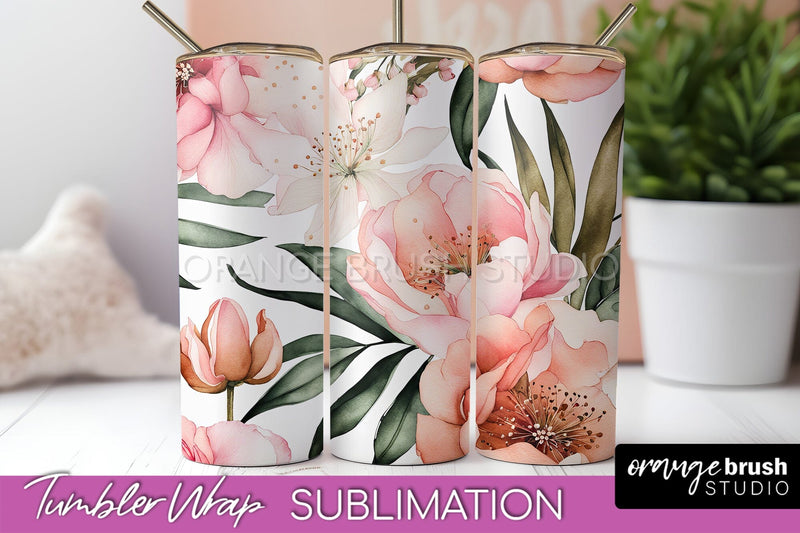 Floral Tumbler Wrap - Pink Flowers Watercolor Tumbler PNG Sublimation OrangeBrushStudio 