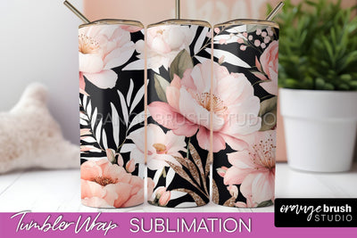 Floral Tumbler Wrap - Pink Flowers Watercolor Tumbler PNG Sublimation OrangeBrushStudio 