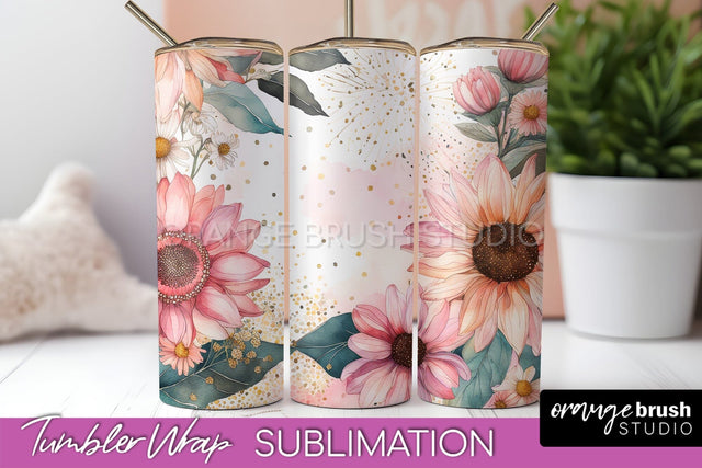 Floral Tumbler Wrap - Pink Flowers Watercolor Tumbler PNG Sublimation OrangeBrushStudio 