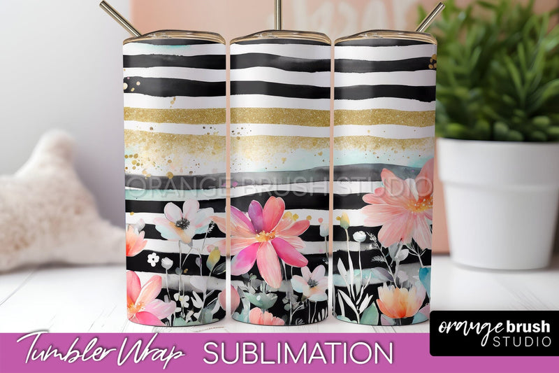 Floral Tumbler Wrap - Pink Flowers Watercolor Tumbler PNG Sublimation OrangeBrushStudio 