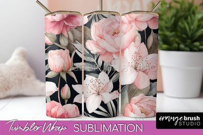 Floral Tumbler Wrap - Pink Flowers Watercolor Tumbler PNG Sublimation OrangeBrushStudio 