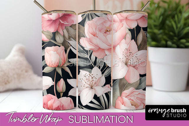 Floral Tumbler Wrap - Pink Flowers Watercolor Tumbler PNG Sublimation OrangeBrushStudio 