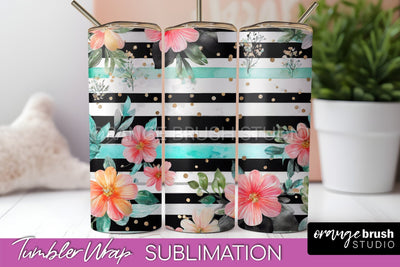 Floral Tumbler Wrap - Pink Flowers Watercolor Tumbler PNG Sublimation OrangeBrushStudio 