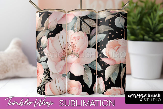 Floral Tumbler Wrap - Pink Flowers Watercolor Tumbler PNG Sublimation OrangeBrushStudio 