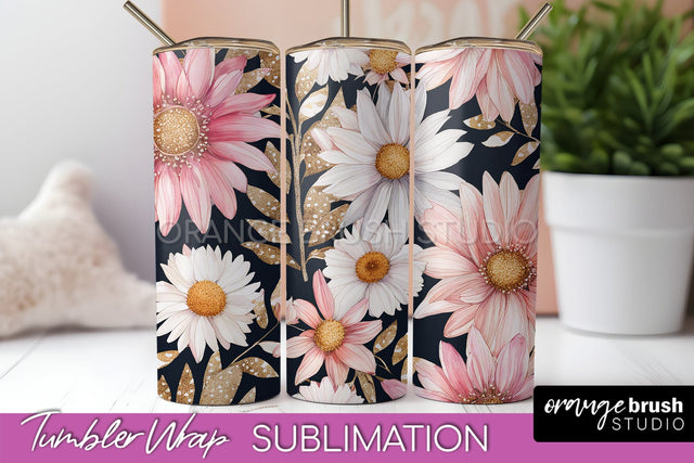 Floral Tumbler Wrap - Pink Flowers Watercolor Tumbler PNG Sublimation OrangeBrushStudio 