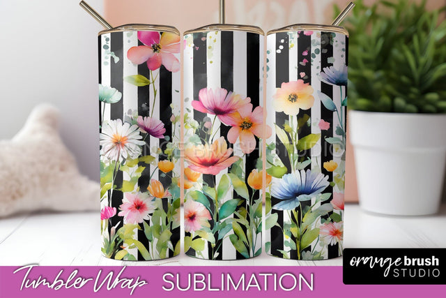 Floral Tumbler Wrap - Pink Flowers Watercolor Tumbler PNG Sublimation OrangeBrushStudio 