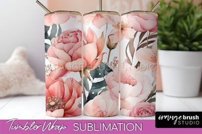 Floral Tumbler Wrap - Pink Flowers Watercolor Tumbler PNG Sublimation OrangeBrushStudio 