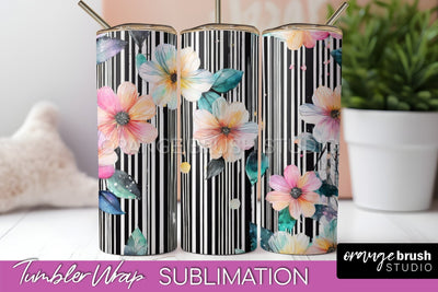Floral Tumbler Wrap - Pink Flowers Watercolor Tumbler PNG Sublimation OrangeBrushStudio 