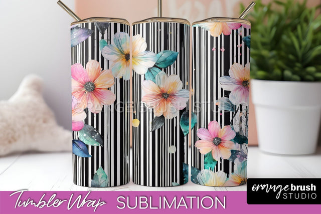 Floral Tumbler Wrap - Pink Flowers Watercolor Tumbler PNG Sublimation OrangeBrushStudio 