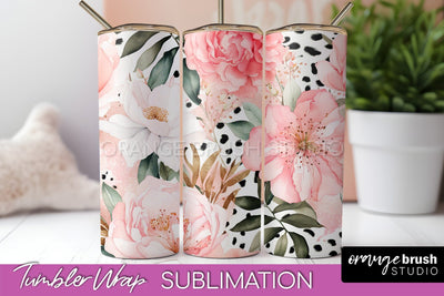 Floral Tumbler Wrap - Pink Flowers Watercolor Tumbler PNG Sublimation OrangeBrushStudio 