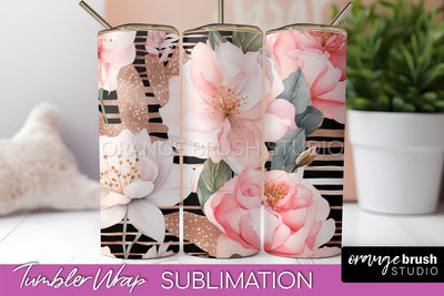 Floral Tumbler Wrap - Pink Flowers Watercolor Tumbler PNG Sublimation OrangeBrushStudio 