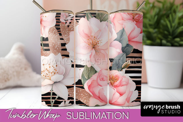 Floral Tumbler Wrap - Pink Flowers Watercolor Tumbler PNG Sublimation OrangeBrushStudio 