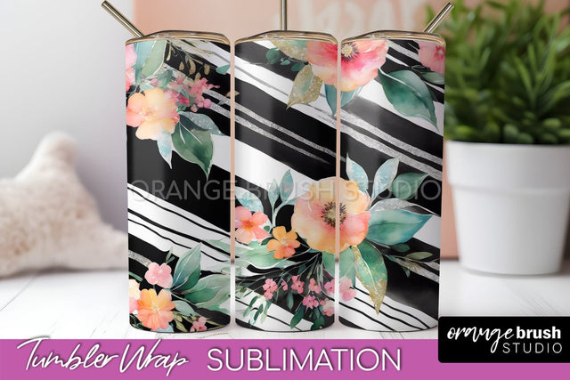 Floral Tumbler Wrap - Pink Flowers Watercolor Tumbler PNG Sublimation OrangeBrushStudio 