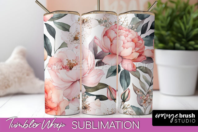 Floral Tumbler Wrap - Pink Flowers Watercolor Tumbler PNG Sublimation OrangeBrushStudio 