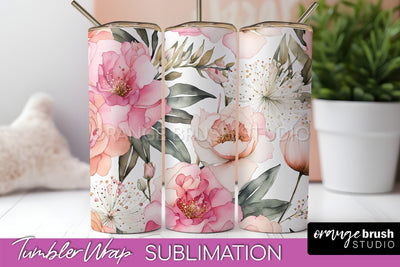 Floral Tumbler Wrap - Pink Flowers Watercolor Tumbler PNG Sublimation OrangeBrushStudio 