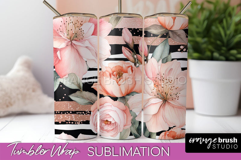 Floral Tumbler Wrap - Pink Flowers Watercolor Tumbler PNG Sublimation OrangeBrushStudio 