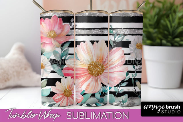 Floral Tumbler Wrap - Pink Flowers Watercolor Tumbler PNG Sublimation OrangeBrushStudio 