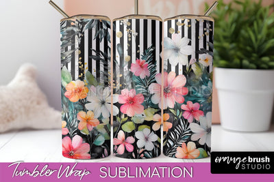 Floral Tumbler Wrap - Pink Flowers Watercolor Tumbler PNG Sublimation OrangeBrushStudio 