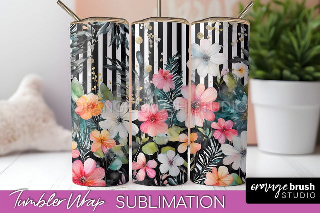 Floral Tumbler Wrap - Pink Flowers Watercolor Tumbler PNG Sublimation OrangeBrushStudio 