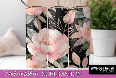 Floral Tumbler Wrap - Pink Flowers Watercolor Tumbler PNG Sublimation OrangeBrushStudio 