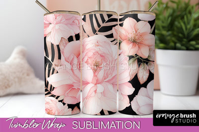 Floral Tumbler Wrap - Pink Flowers Watercolor Tumbler PNG Sublimation OrangeBrushStudio 