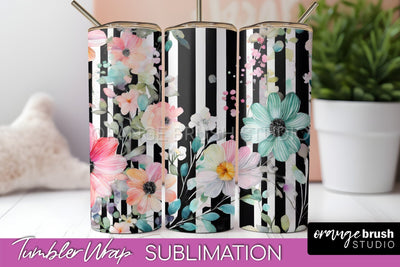 Floral Tumbler Wrap - Pink Flowers Watercolor Tumbler PNG Sublimation OrangeBrushStudio 