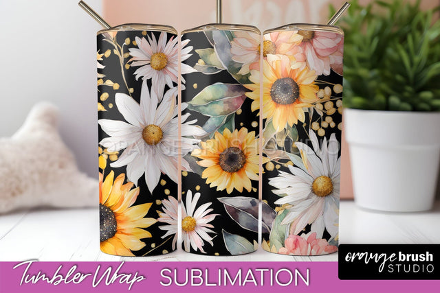 Floral Tumbler Wrap - Pink Flowers Watercolor Tumbler PNG Sublimation OrangeBrushStudio 