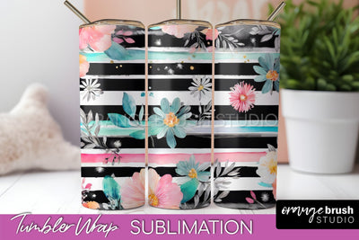 Floral Tumbler Wrap - Pink Flowers Watercolor Tumbler PNG Sublimation OrangeBrushStudio 