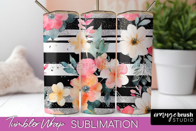 Floral Tumbler Wrap - Pink Flowers Watercolor Tumbler PNG Sublimation OrangeBrushStudio 