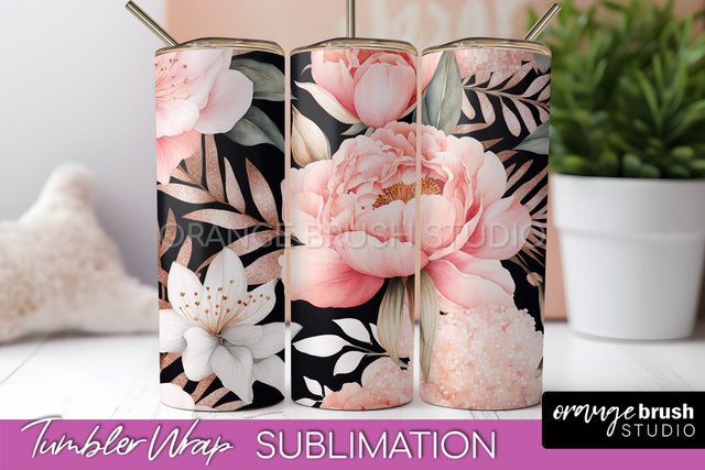 Floral Tumbler Wrap - Pink Flowers Watercolor Tumbler PNG Sublimation OrangeBrushStudio 