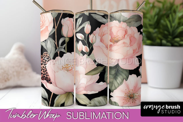 Floral Tumbler Wrap - Pink Flowers Watercolor Tumbler PNG Sublimation OrangeBrushStudio 