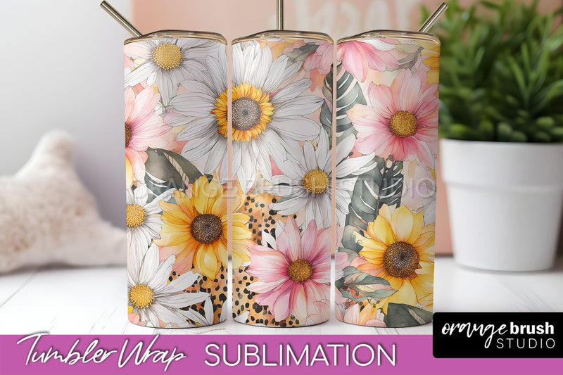 Floral Tumbler Wrap - Pink Flowers Watercolor Tumbler PNG Sublimation OrangeBrushStudio 