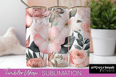 Floral Tumbler Wrap - Pink Flowers Watercolor Tumbler PNG Sublimation OrangeBrushStudio 