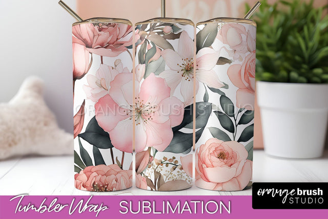 Floral Tumbler Wrap - Pink Flowers Watercolor Tumbler PNG Sublimation OrangeBrushStudio 