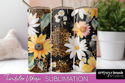 Floral Tumbler Wrap - Pink Flowers Watercolor Tumbler PNG Sublimation OrangeBrushStudio 