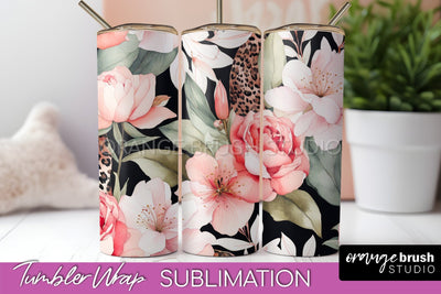 Floral Tumbler Wrap - Pink Flowers Watercolor Tumbler PNG Sublimation OrangeBrushStudio 