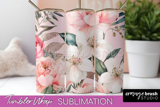 Floral Tumbler Wrap - Pink Flowers Watercolor Tumbler PNG Sublimation OrangeBrushStudio 