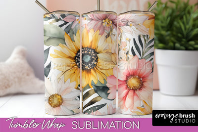 Floral Tumbler Wrap - Pink Flowers Watercolor Tumbler PNG Sublimation OrangeBrushStudio 