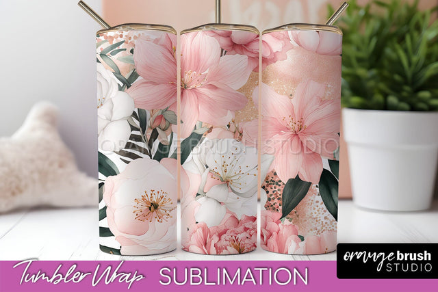 Floral Tumbler Wrap - Pink Flowers Watercolor Tumbler PNG Sublimation OrangeBrushStudio 