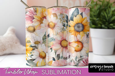 Floral Tumbler Wrap - Pink Flowers Watercolor Tumbler PNG Sublimation OrangeBrushStudio 