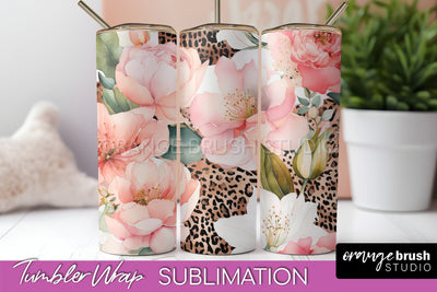 Floral Tumbler Wrap - Pink Flowers Watercolor Tumbler PNG Sublimation OrangeBrushStudio 